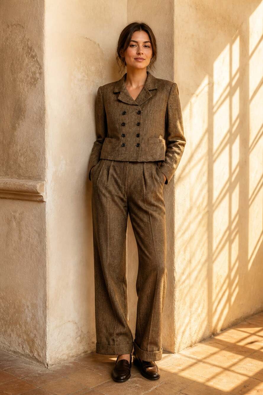 Jones New York Petite Brown Tweed Wool Blend 2-Piece Pants Suit Set 10P